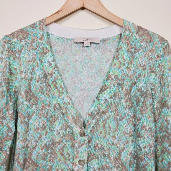 LOFT Floral Button Down Cardigan Green Gray Women Size M Lightweight Knit - Picture 2 of 10